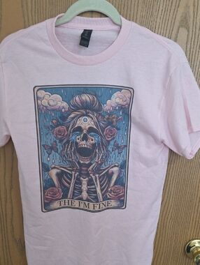 Gildan Pink Short Sleeve Tee with Colorful 'The I'm Fine' Skeleton Graphic